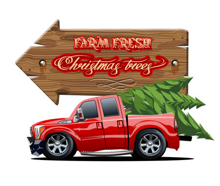 Vector vintage farm sign with Christmas tree by red pickup. Farm Fresh Christmas Trees poster. Available eps-10 format separated by groups and layers for easy edit.のイラスト素材