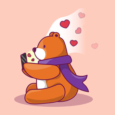Bear with a phone. The bear with hearts in air. Flat vector illustration.のイラスト素材