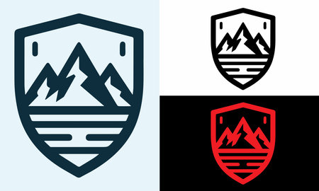 Mountains and shield logo design template. Vector illustration isolated on blue and white backgroundのイラスト素材