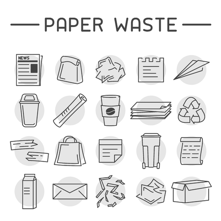 Waste paper icons set. Line style vector illustrationのイラスト素材