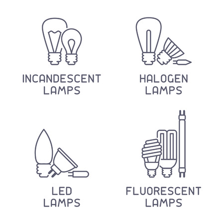 Different types of lamps with names. Line style vector illustrationのイラスト素材