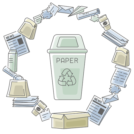 Card with waste paper and trashcan. Contour and fill style vector illustrationのイラスト素材