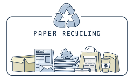 Paper recycling illustration with trash and lettering. Linear style vector illustration.のイラスト素材
