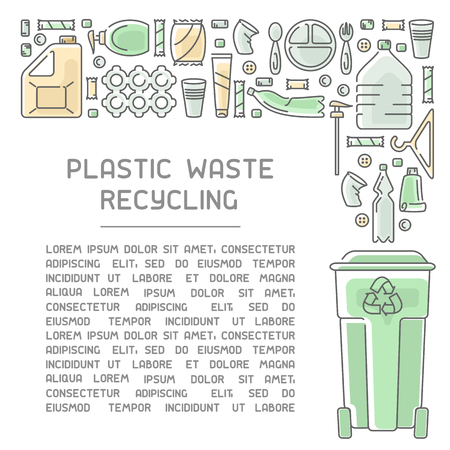 Ready layout of plastic trash recycling info poster with sample text. Contour and fill style vector illustrationのイラスト素材
