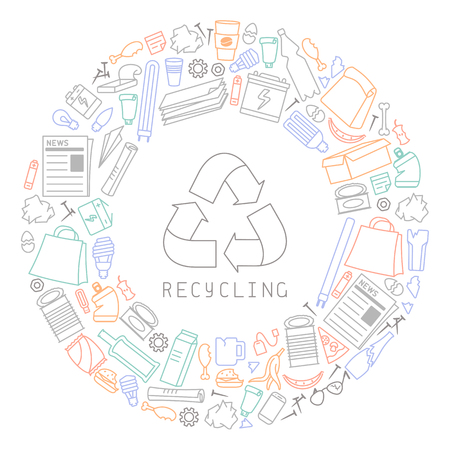Recycling diagram with trash and lettering. Linear style vector illustrationのイラスト素材