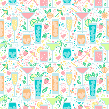 Seamless pattern with different drinks. Flat style vector illustration. Suitable for wallpaper, wrapping, textile or bar menu designのイラスト素材