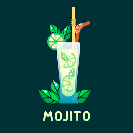 Tropical cocktail mojito with decorations and name. Flat style vector illustration. Suitable for advertising, applications, menu design or webのイラスト素材