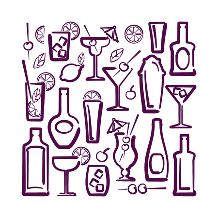 Alcohol drinks icons set with bottles and cocktails. Contour style vector illustrationのイラスト素材