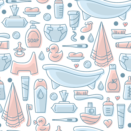 Baby care elements seamless pattern. Linear style vector illustration. Baby hygiene accessories. Suitable for wallpaper, wrapping or textileのイラスト素材