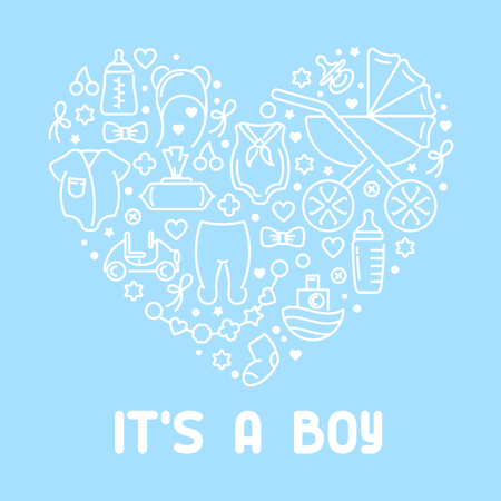 Baby accessories elements. It is a boy. Linear style vector illustration. Suitable for congratulation or invitation cardのイラスト素材