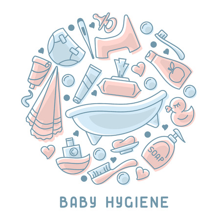Baby hygiene elements.  Linear style vector illustration. Baby care accessories. Suitable for advertisingのイラスト素材