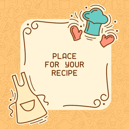 Culinary recipe card with cook cap and apron. Doodle style vector illustration. Suitable for advertising,master class invitation or book designのイラスト素材