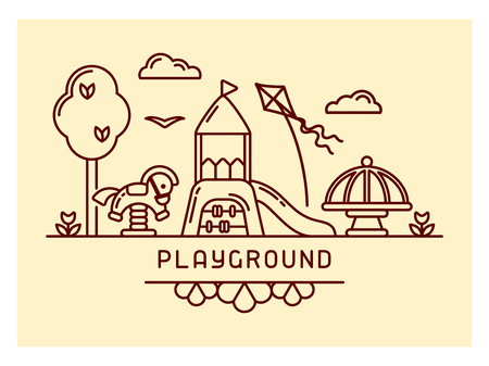 Playground concept with slide, seesaw and carousel. Outline style vector illustration.のイラスト素材