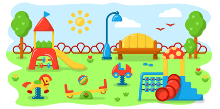 Child illustration concept with playground. Flat style vector illustrationのイラスト素材