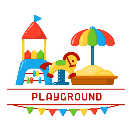 Bright concept with kids playground elements. Flat style vector illustrationのイラスト素材