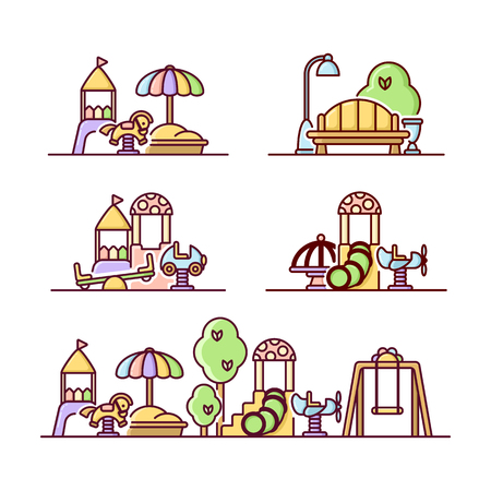 Concepts of kids playground. Cartoon style vector illustration.のイラスト素材