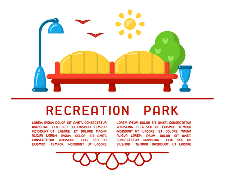 Recreation park concept with bench, lamp and sample text. Flat style vector illustration. Suitable for advertising or information posterのイラスト素材