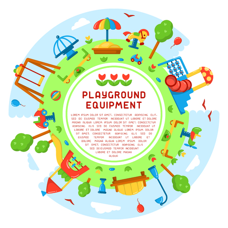Round concept of kids playground with play elements and sample text. Flat style vector illustration. Suitable for advertisingのイラスト素材