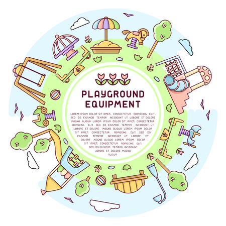 Round concept of kids playground with play elements and sample text. Cartoon style vector illustration. Suitable for advertisingのイラスト素材