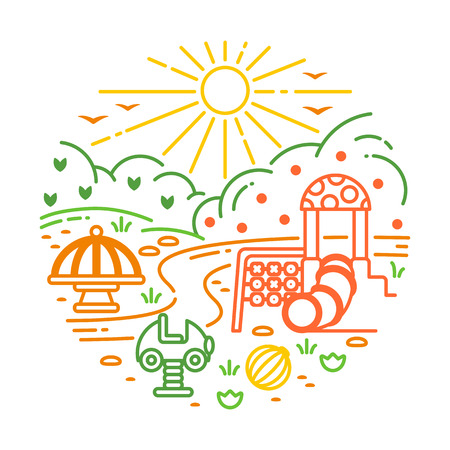Round concept with linear playground elements. Contour style vector illustrationのイラスト素材