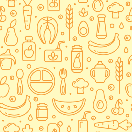 Baby food items seamless pattern. Linear style vector illustration. Suitable for wallpaper, wrapping or textileのイラスト素材