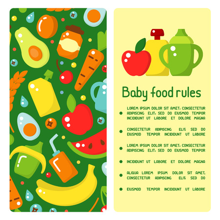 Concept of baby food information booklet. Flat style vector illustration. There is space for your text. Suitable for advertisingのイラスト素材