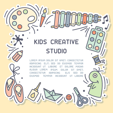 Bright concept of kids creative studio info card with sample text.  Suitable for advertisement or information banner decorのイラスト素材