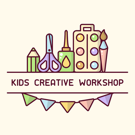 Creative workshop for children logo. Cartoon style vector illustration. Suitable for advertisement or placard decorのイラスト素材
