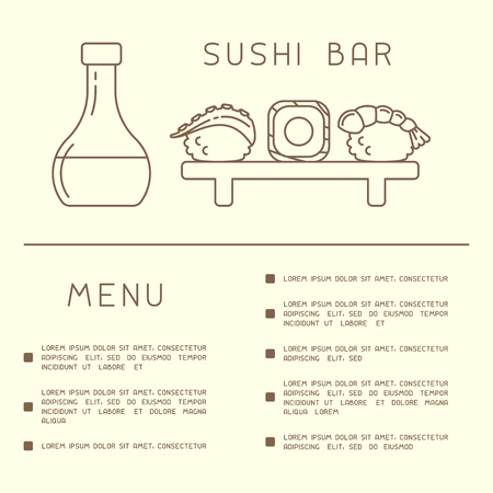 Concept of sushi bar menu with food elements and sample text in linear styleのイラスト素材