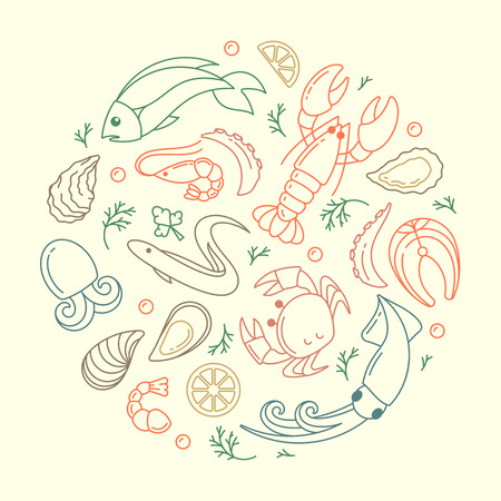 Round concept with seafood elements in linear style. Suitable for advertising or cafe menu decorationのイラスト素材