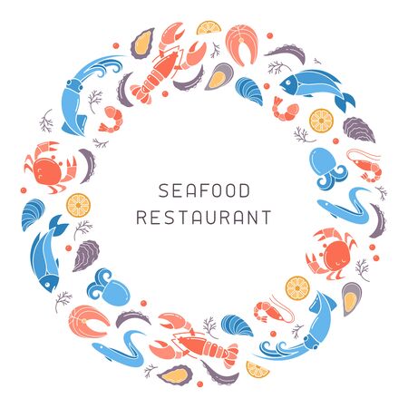Round form decor with seafood elements and space for your text. Flat style vector illustration. Suitable for restaurant  menu designのイラスト素材