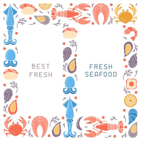 Brochure decor with seafood and space for your text. Flat style vector illustration. Suitable for advertising or restaurant  menu designのイラスト素材