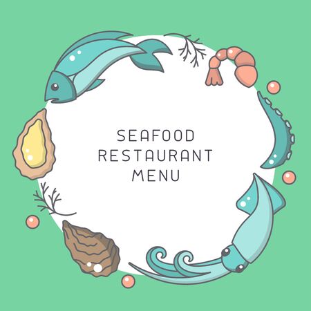 Round form decor with seafood elements and space for your text. Cartoon style vector illustration. Suitable for restaurant  menu designのイラスト素材
