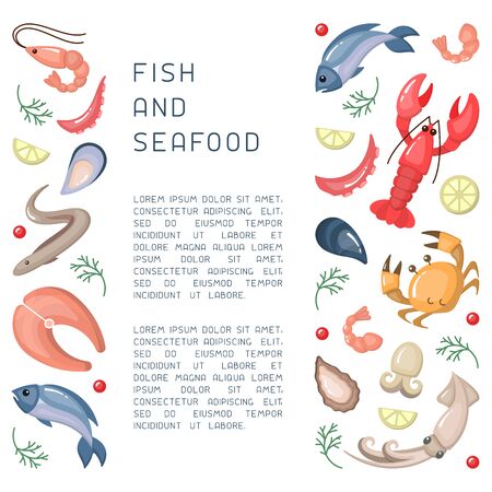 Placard concept with seafood elements and space for your text. Cartoon style vector illustration. Suitable for advertising or restaurant menu designのイラスト素材