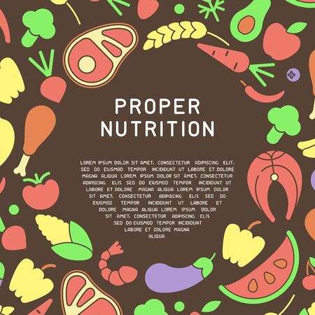 Vector poster with proper nutrition information and food elements. Flat style vector illustrationのイラスト素材