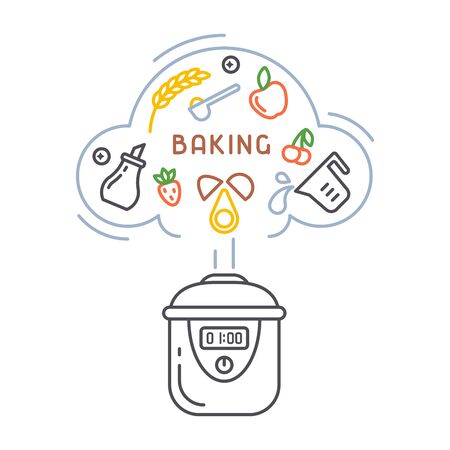 Vector concept of cooking bakery products in a slow cooker. Linear style illustrationのイラスト素材