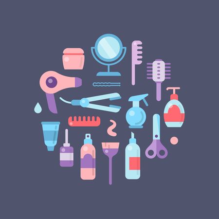 Hair care accessories icons round concept. Flat style vector illustration. Suitable for web or appのイラスト素材