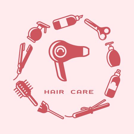 Round concept with hair care instruments. Flat style vector illustrationのイラスト素材