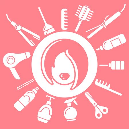 Female head surrounded by hairdressing tools in flat styleのイラスト素材