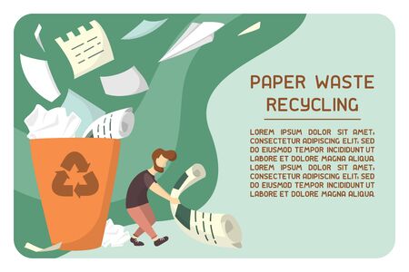 Info placard concept with waste paper bin and sample text about recycling. Flat style vector illustrationのイラスト素材