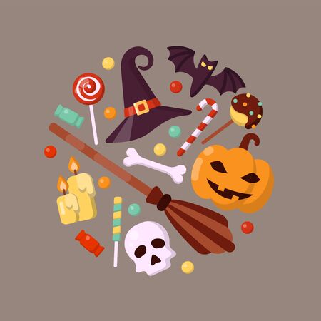 round concept with halloween accessories. flat style vector illustrationのイラスト素材