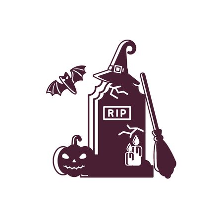 halloween logotype concept with gravestone, broom, hat and pumpkin in flat styleのイラスト素材