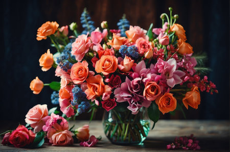 Bouquet of roses on a wooden background. Selective focus.の素材