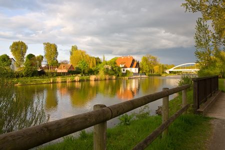 Sunset on Mittelland canal, a canal in Hannover, Germany, linking the Rivers Rhine and Elbe.の写真素材