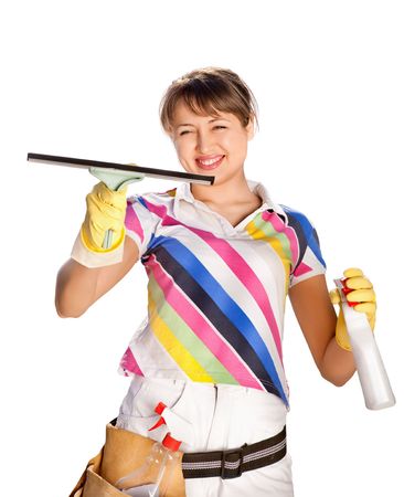 Young woman washing the window,  isolated on white background
の写真素材