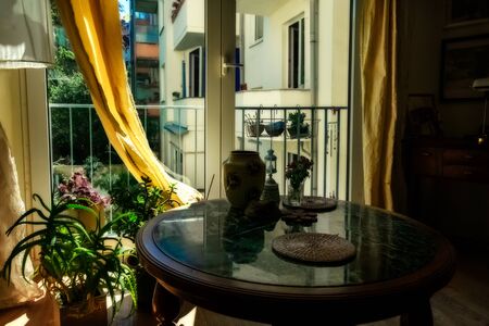 Romantic coffee table, two cups of coffee on a marble table in interior an classic house.