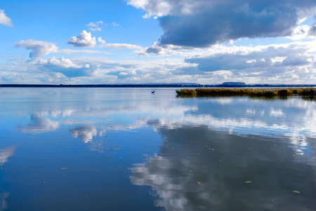 Images of Steinhuder Meer Lake showcasing its serene waters, lush greenery, and cloudy skies. The photos capture the natural beauty and tranquility of the lake, highlighting its calmness and vibrant reflections of the surrounding landscape.の写真素材