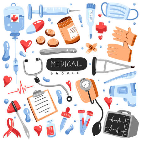 MEDICAL AND HEALTHCARE COLORFUL DOODLEのイラスト素材