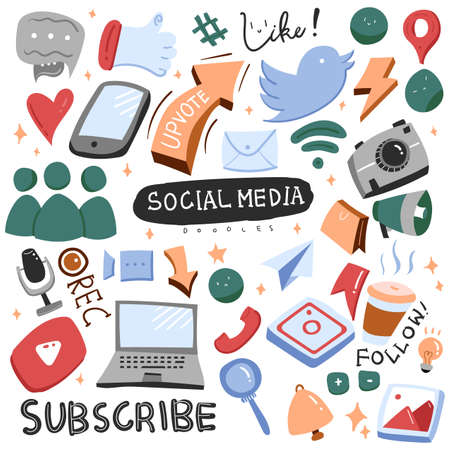 SOCIAL MEDIA ELEMENTS COLORFUL HAND DRAWN DOODLE ILLUSTRATIONのイラスト素材