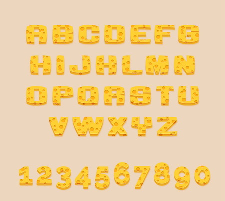 Stylized yummy yellow vector Swiss cheese abc alphabet and digits. Use letters to make your own text.のイラスト素材